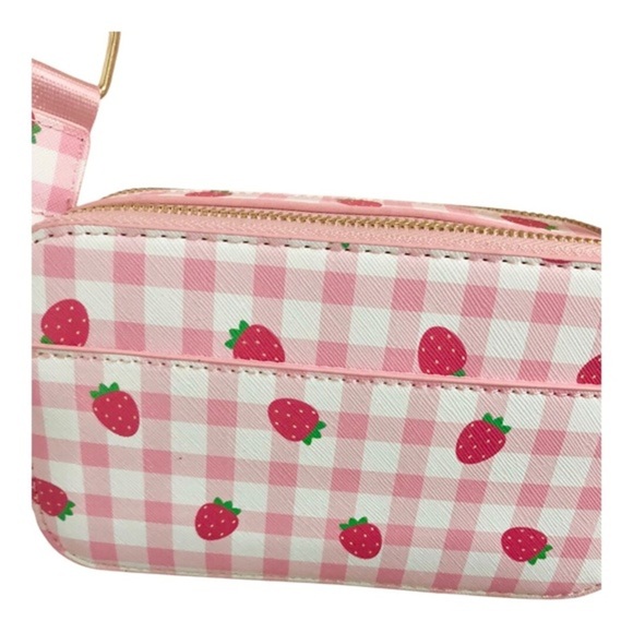 Pink plaid checkered strawberry print gold tone hardware crossbody canvas bag - Picture 3 of 13